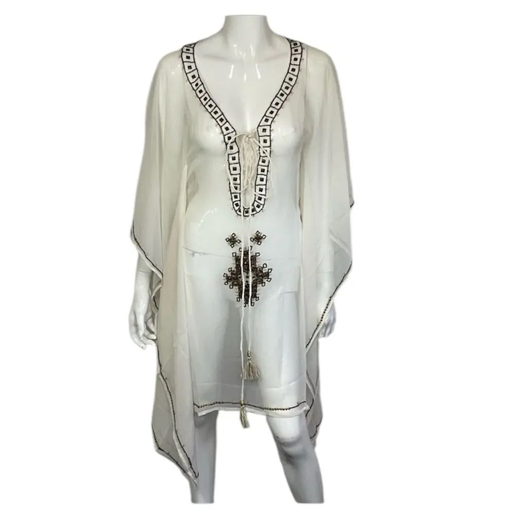 NEW Le Soleil Miami White Brown 100% Silk Tassel Front Tunic Dress Size S/M